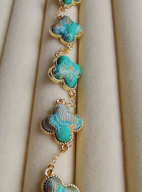 宋锦国风非遗螺钿diy材料四叶草蝴蝶葫芦18K镀金手链底胚带盖子