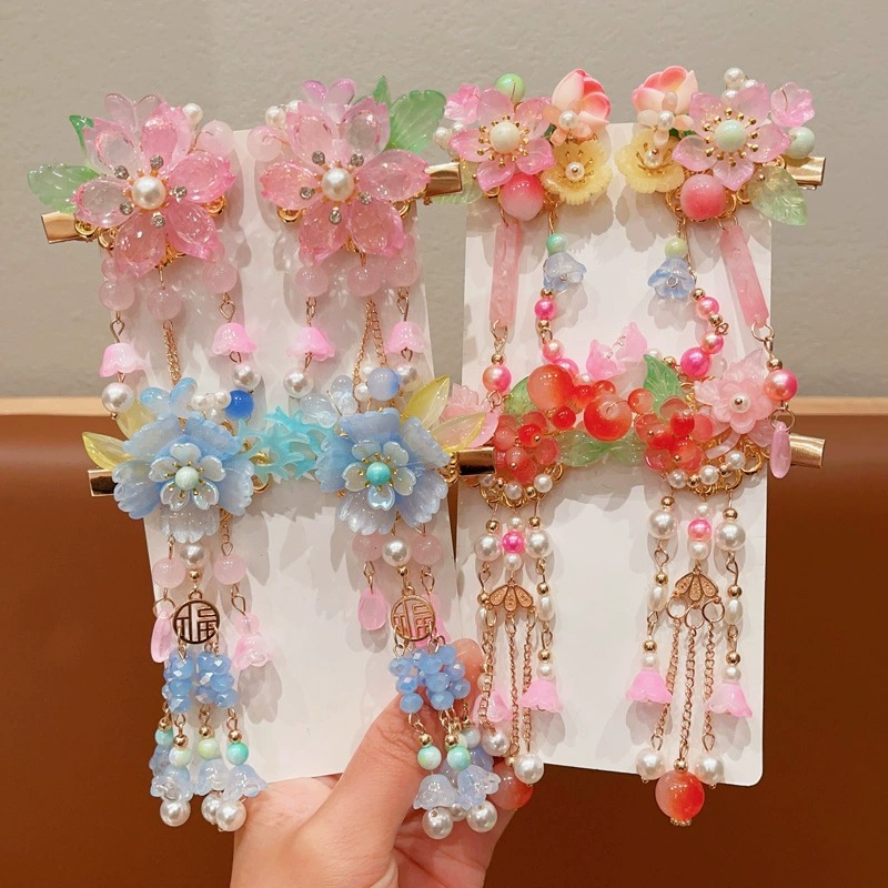 汉服发饰女儿童古风珍珠花朵步摇流苏发夹超仙中国风公主古装头饰