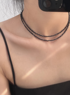 天然黑尖晶项链女双圈叠戴锁骨链