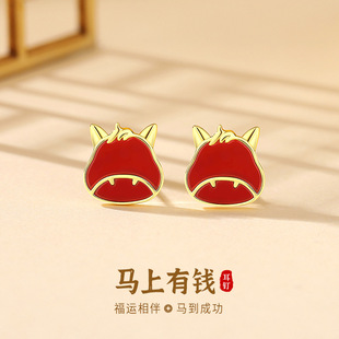 杭潮原创红玛瑙马上有钱耳钉女S925纯银复古本命年生肖马耳饰品