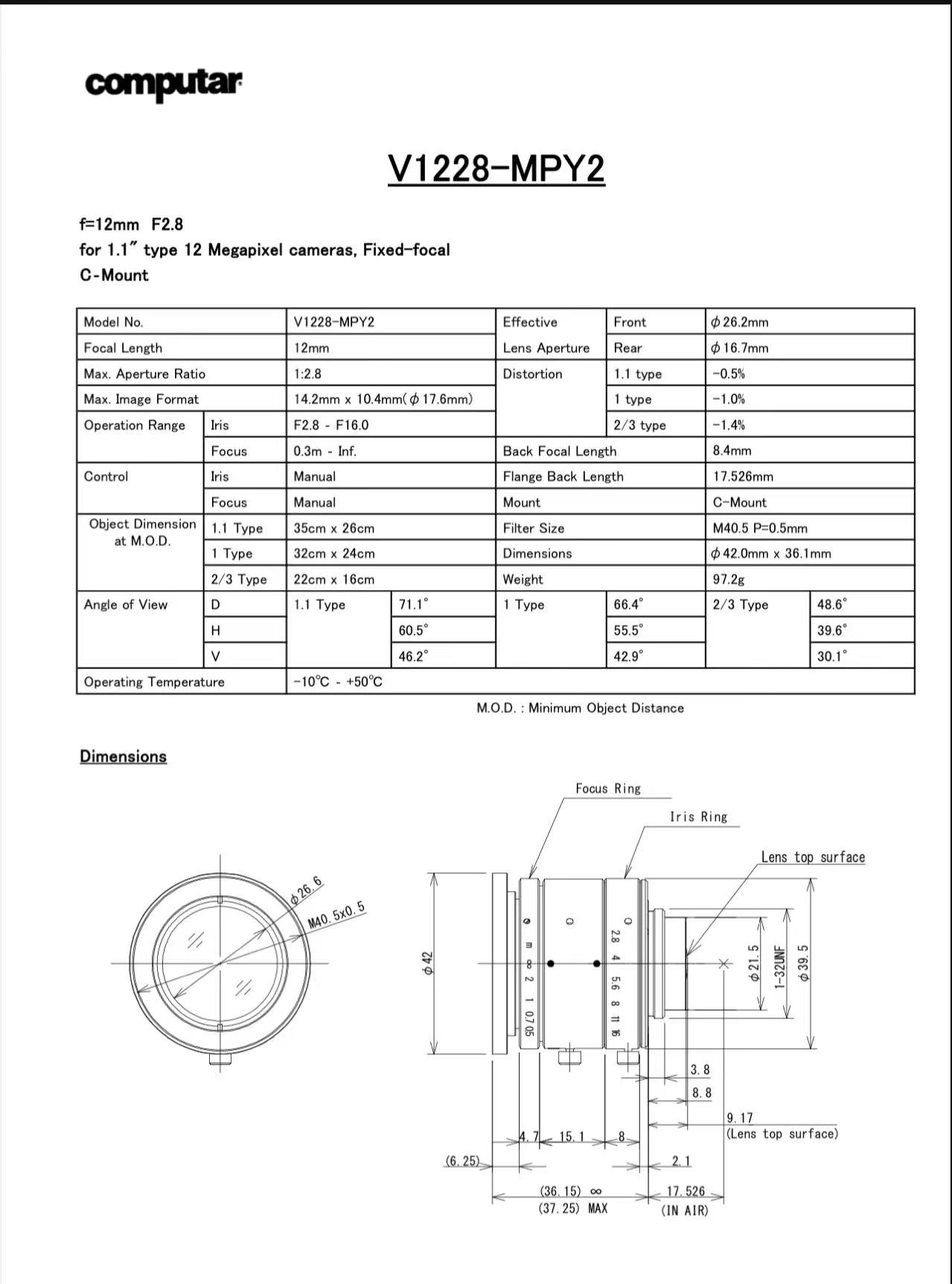 康达标工业镜头，型号V1228-MY2，可以支持2000万像-封面