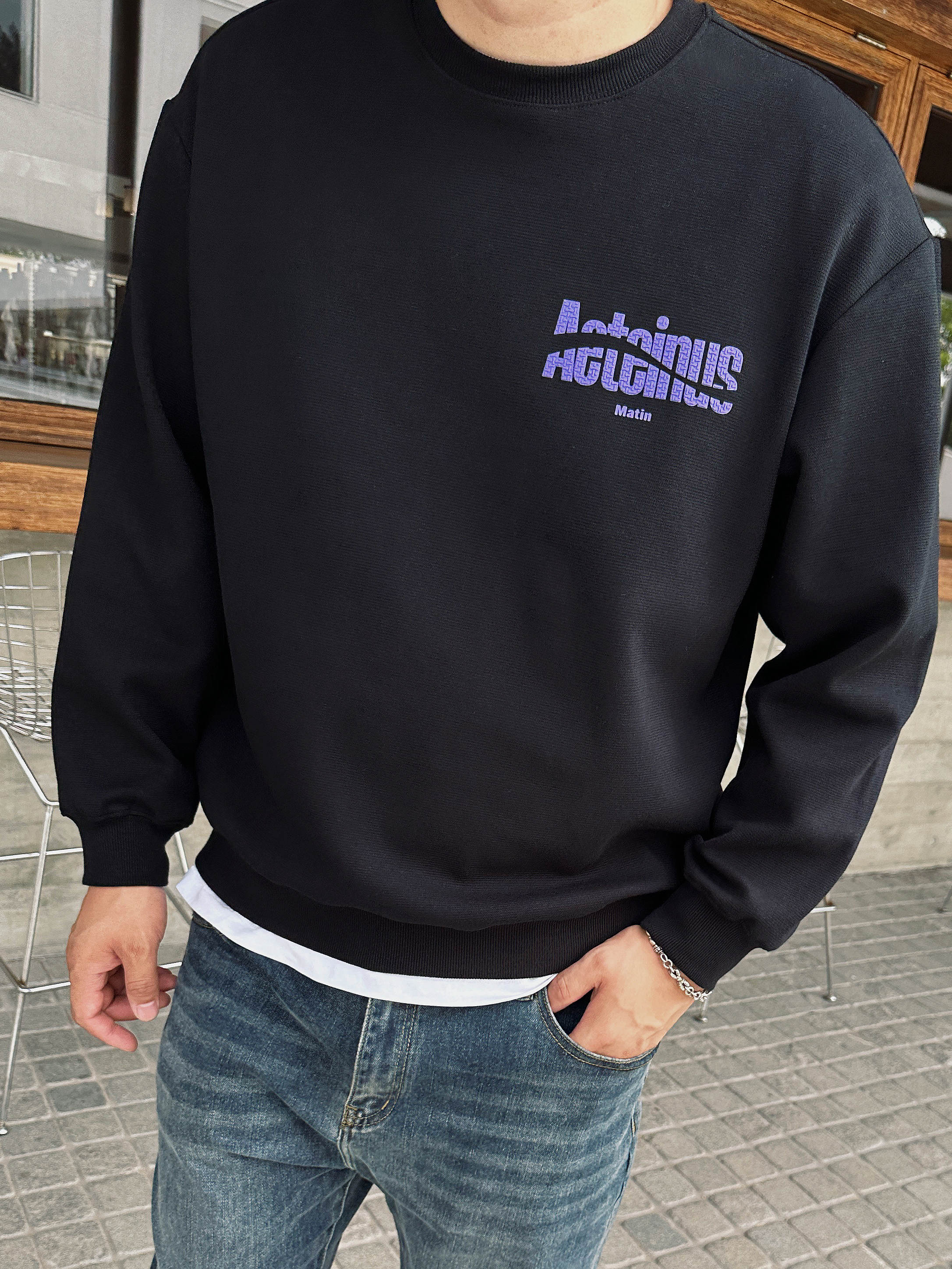 紫色字母大码男装圆领卫衣