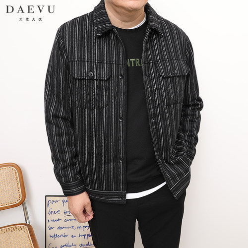 DAEVU秋冬条纹厚料大号潮胖子加肥加大码男士短款翻领夹克外套