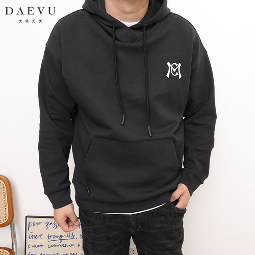 daevu秋新款炭灰字母潮连帽卫衣