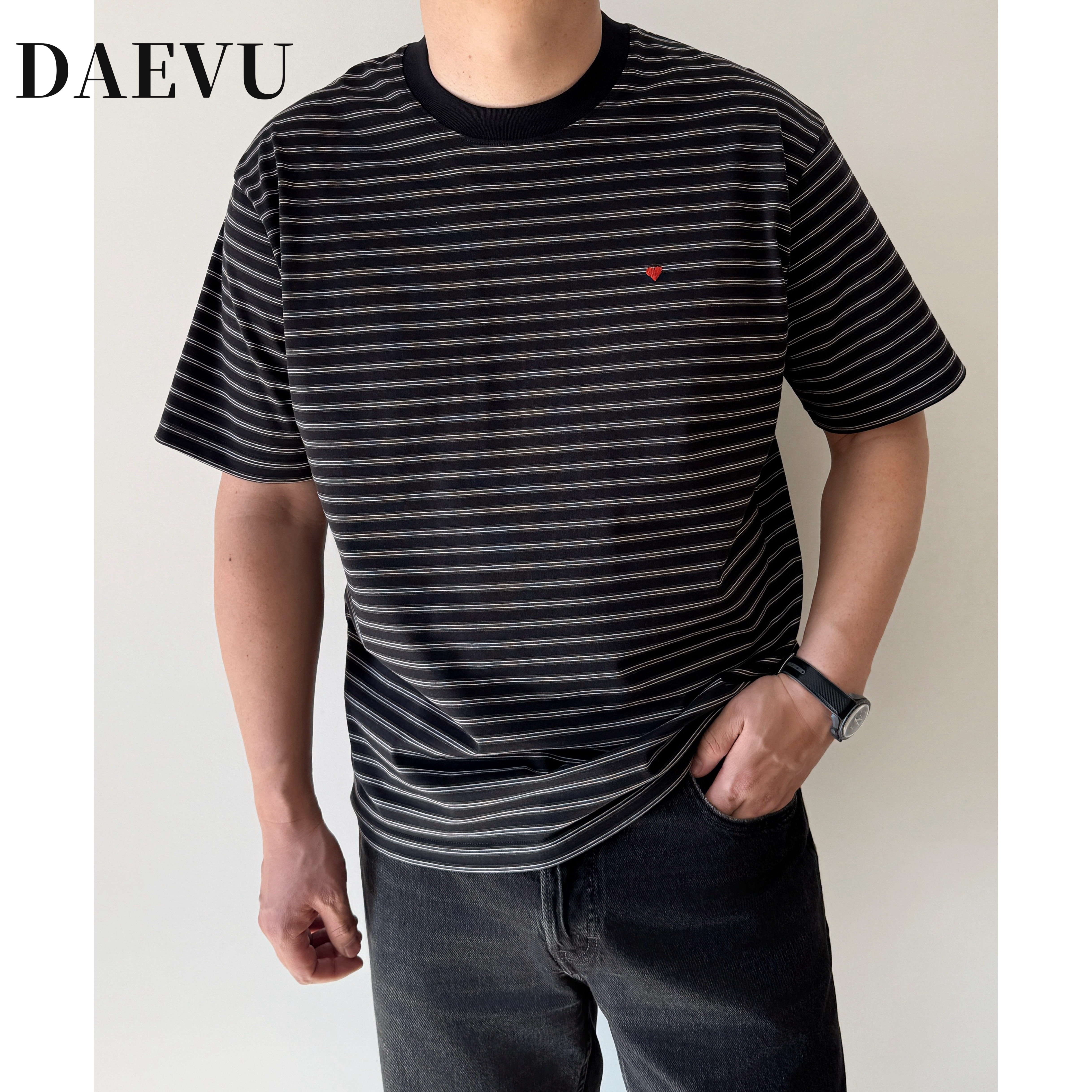 DAEVU大码男装夏季细条纹宽松潮胖子加肥加大男款圆领短袖T恤半袖