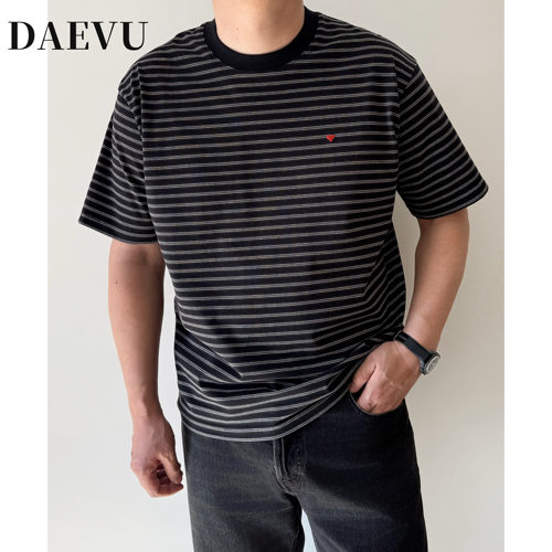 DAEVU大码男装夏季细条纹宽松潮胖子加肥加大男款圆领短袖T恤半袖