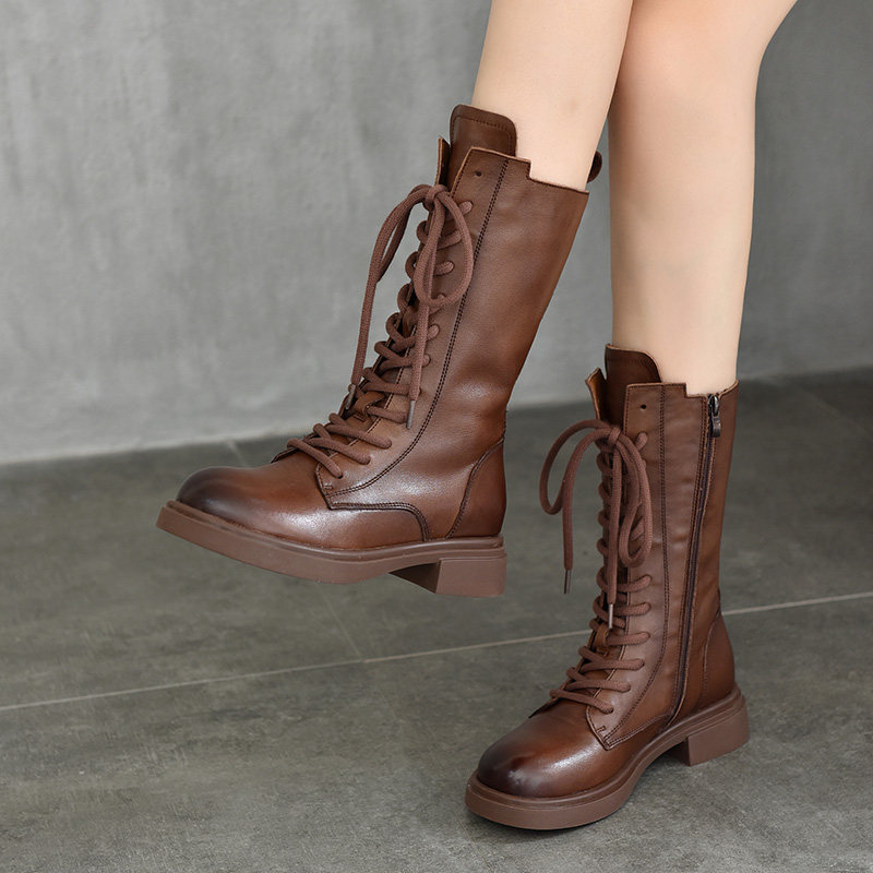 头层牛皮中筒靴女靴2025秋冬新款加绒棉靴中跟英伦马丁靴真皮高靴