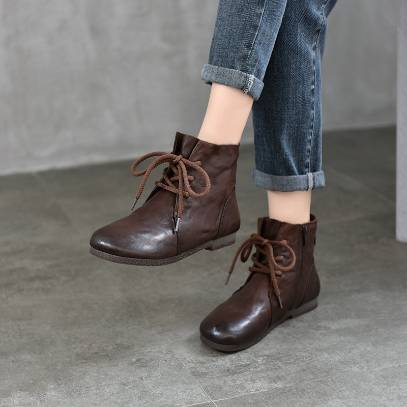 手抓纹头层牛皮圆头平底短靴女款系带马丁靴2025秋冬软底女士皮靴