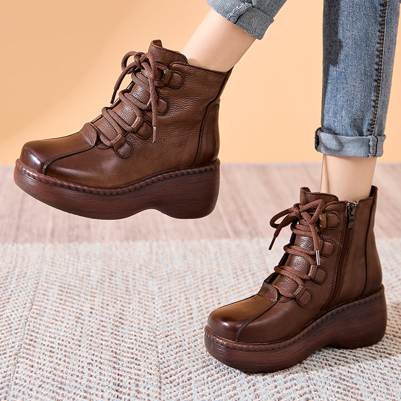 复古真皮厚底单靴女2025秋季新款短筒女靴原创手工马丁靴妈妈鞋子,女鞋,马丁靴,淘宝优惠券,粉丝福利购,淘宝优惠卷