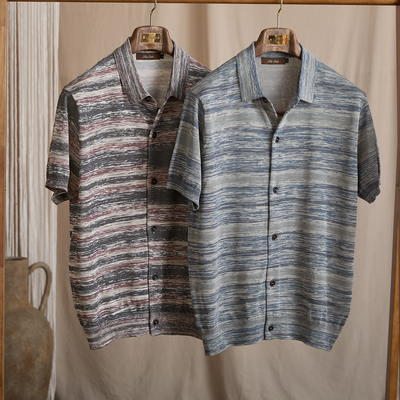 【HORN】薄款亚麻休闲风条纹商务绅士夏季翻领短袖Polo衫