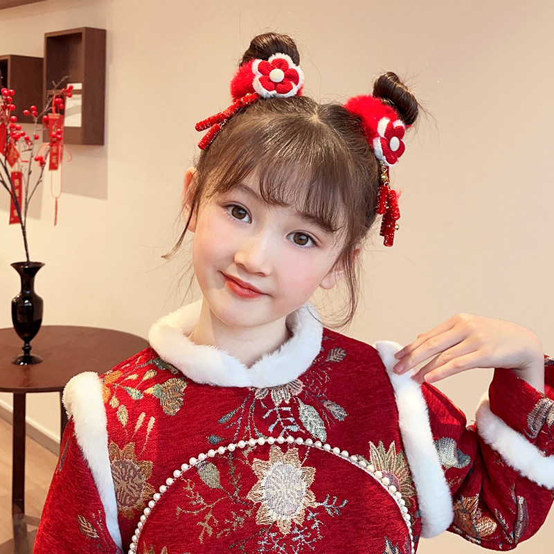 过年拜年儿童红色高弹力耐用发绳女童喜庆扎头发毛绒发圈甜美头饰