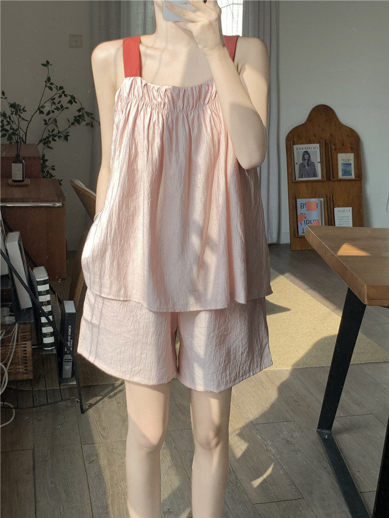维多利亚2024夏季撞色棉麻褶皱感吊带睡衣女甜美纯欲慵懒风家居服