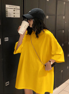 黄色t恤女装宽松短袖夏季2026新款纯棉大码打底衫中长款上衣ins潮