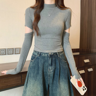 灰色半高领中打底衫女内搭2025新款早秋高级感镂空设计感长袖上衣