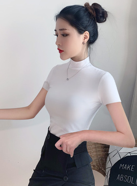 白色半高领短袖t恤女2020新款纯棉磨毛加厚加绒打底黑色紧身上衣