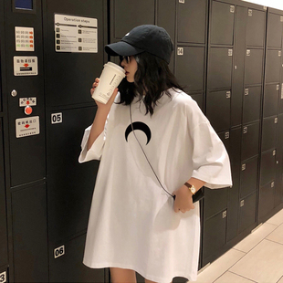 印花纯棉网红下衣消失上衣ins潮 韩版 宽松白色短袖 T恤女夏季 中长款