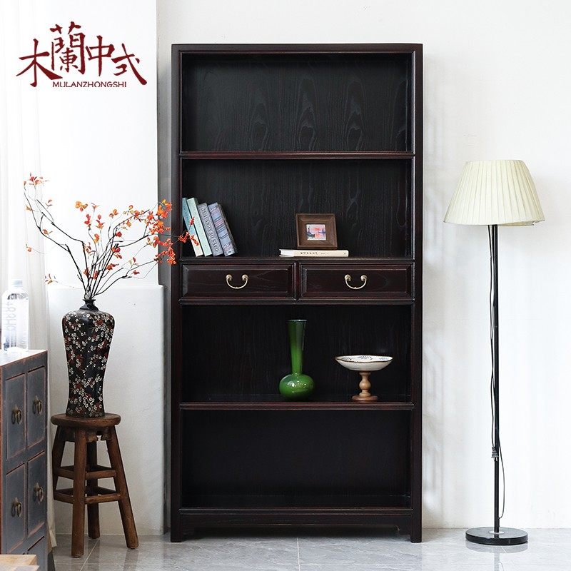 新中式书柜仿古实木书房立柜储物柜古典展示柜博古架榆木仿旧家具