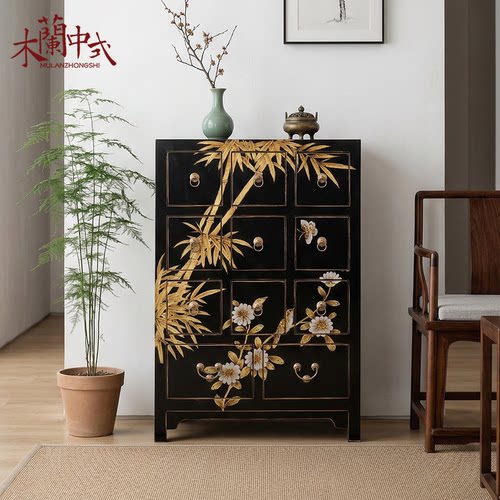 新中式彩绘描金斗柜门厅卧室仿古