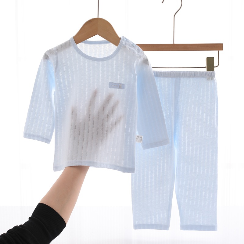 夏季薄款儿童家居服纯棉婴儿空调服分体长袖宝宝内衣睡衣肩扣套装