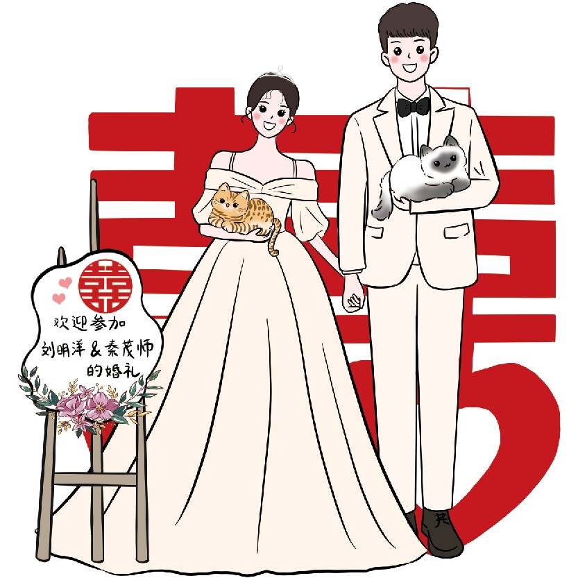 结婚婚礼现场指引牌人形立牌高清人像手绘漫画订婚宴结婚迎宾牌