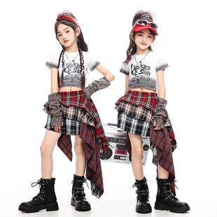 爵士舞服装女童韩版套装少儿模特走秀表演出潮服女孩格子裙夏