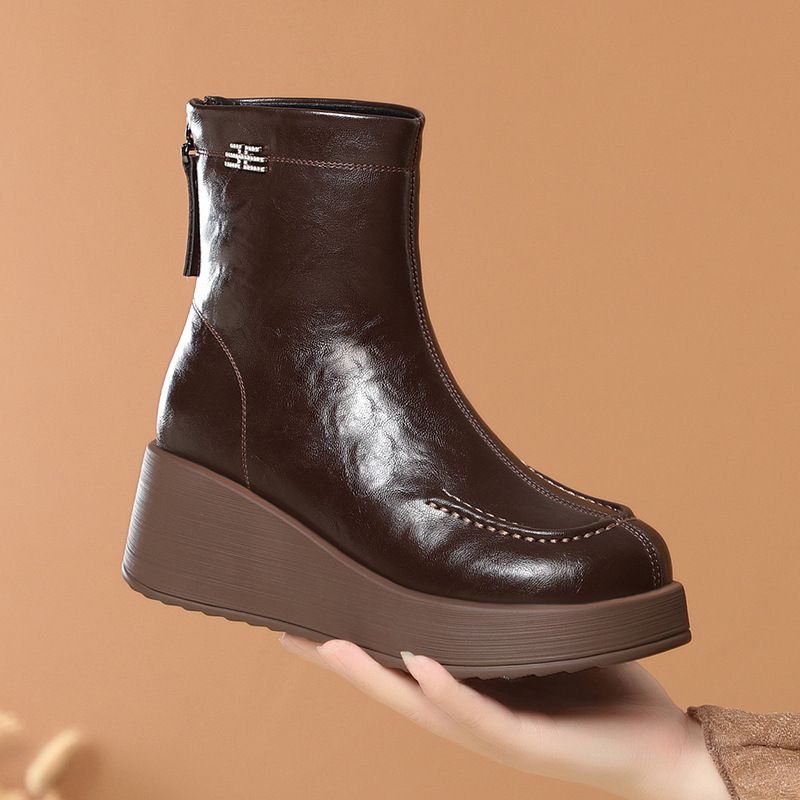 简约高级保暖棉靴子坡跟软皮短靴女秋冬妈妈棉鞋松糕厚底女靴