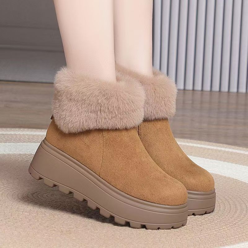 便捷后拉链女鞋防滑增高色软皮时装皮靴女冬季厚底加厚短靴