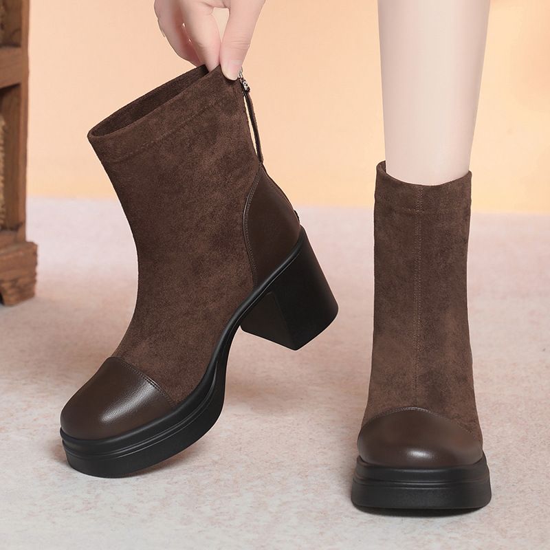 简约高级百搭中年女靴子高跟马丁靴女秋冬季棉鞋粗跟气质短靴