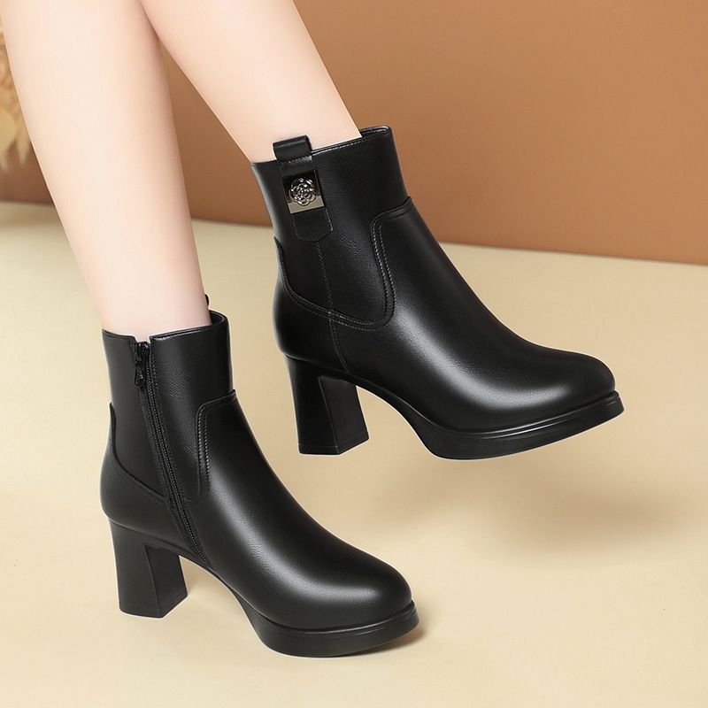 皮鞋百搭时装靴子高跟短靴女秋冬粗跟气质短筒靴子简约高级