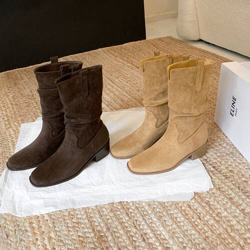复古棕色V口堆堆秋冬新款V扣褶皱粗跟6cm~沙漠堆堆短靴女西部靴