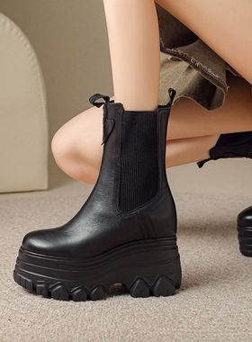 12cm内增高皮质秋冬切尔西短靴显瘦百搭厚底高跟小个子坡跟女靴