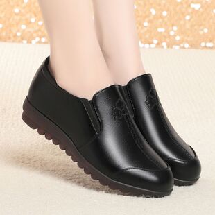 深口软皮软底舒适单鞋色款春夏宽头中年女鞋平跟简约百搭不累脚