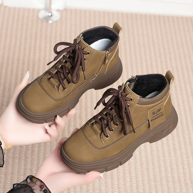 简约高级厚底工装靴子高帮休闲棉鞋马丁靴女百搭秋冬保暖短靴