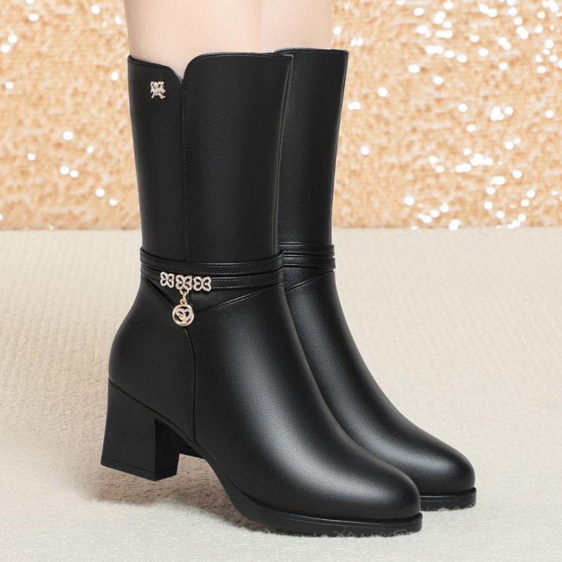 中筒靴女2025新款女靴中老年棉靴冬靴软底皮鞋秋冬季妈妈靴子