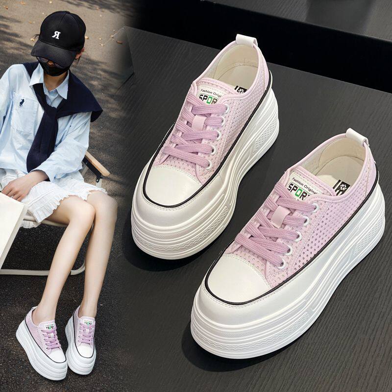 真皮镂空小白鞋女2026春夏百搭透气洞洞鞋松糕厚底9CM内增高女鞋