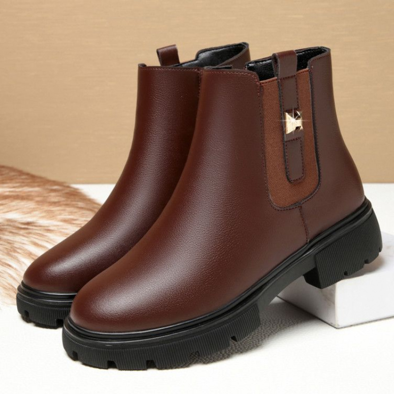 简约高级妈妈棉鞋粗跟女士棉皮鞋软底中跟短靴百搭中老年女鞋棉靴