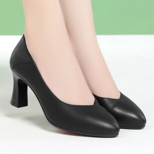 黑色高跟鞋女学生礼仪空乘面试正装职业工作皮鞋中跟粗跟尖头单鞋