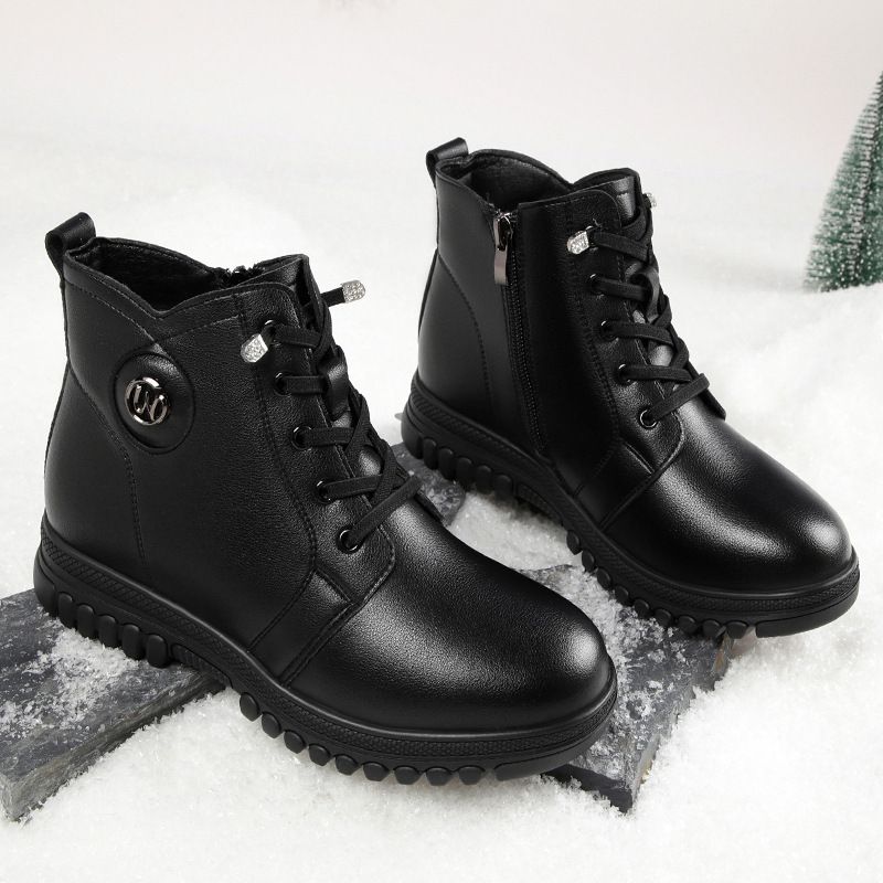 简约高级妈妈棉鞋女秋冬季女短靴中跟中年女靴皮鞋中老年女鞋