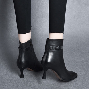简约小短靴女中跟全皮质时尚 细跟高跟鞋 小跟马丁靴 秋季 2025新年款