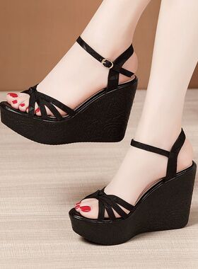 高跟坡跟11cm凉鞋女夏2026新款松糕厚底防水台露趾百搭小码凉鞋