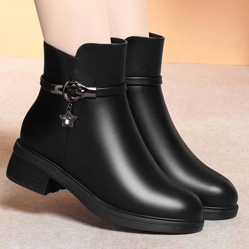 简约高级妈妈鞋棉鞋女软底短靴中跟皮鞋保暖百搭中老年女靴子