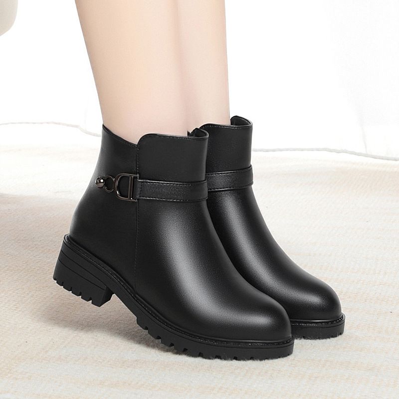 妈妈鞋秋冬新款女短靴中跟粗跟保暖女鞋妈妈棉鞋大码女皮靴