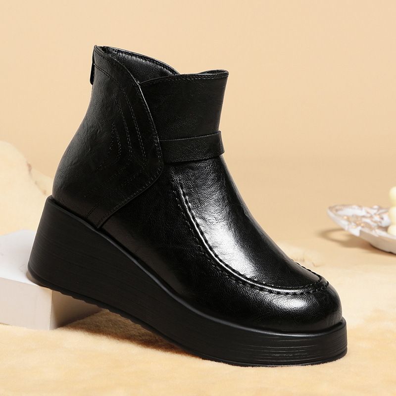 简约高级厚底皮鞋妈妈棉鞋保暖坡跟短靴女高跟靴女款冬季女鞋