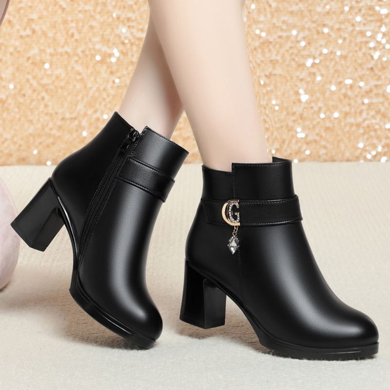 软底高跟女冬中跟粗跟新款软皮羊毛短靴棉靴保暖中年妈妈棉鞋