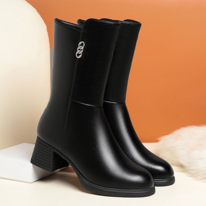 高跟靴子女秋冬2025新款时装靴配裙子女靴中年妈妈棉靴中筒靴