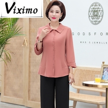 VIXIMO2019春季新款大码妈妈装长袖圆领衬衫 中老年女装纯色时尚