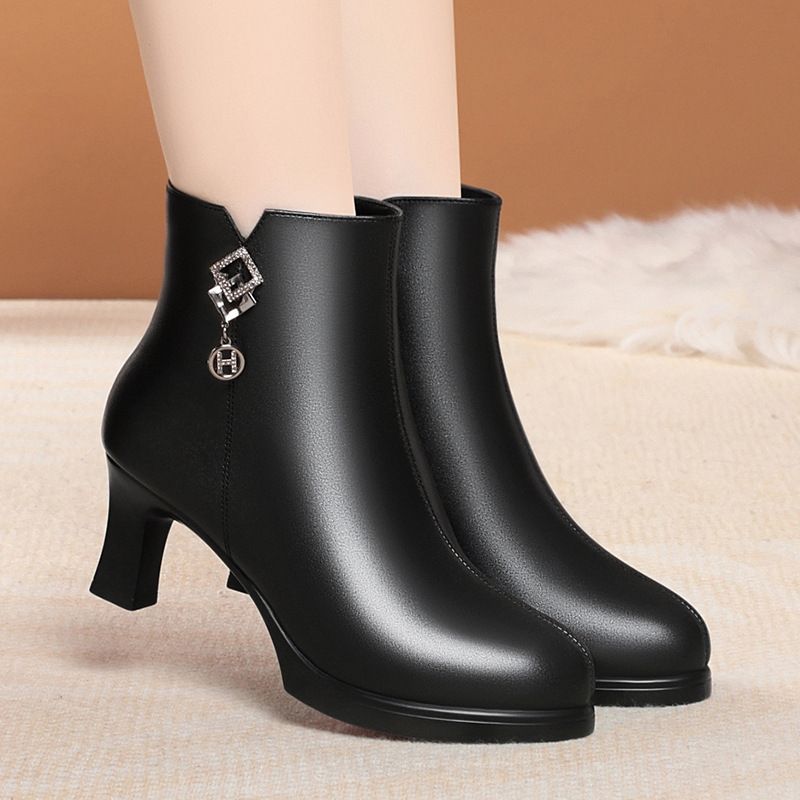 简约高级冬季高跟短靴春秋单靴女时装靴子短筒棉鞋妈妈鞋皮鞋