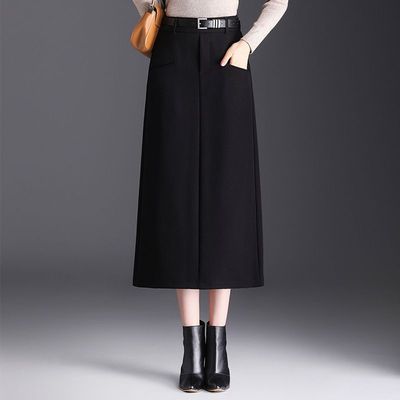 毛呢半身裙女秋冬季2025新款高腰显瘦直筒包臀裙开叉中长款一步裙