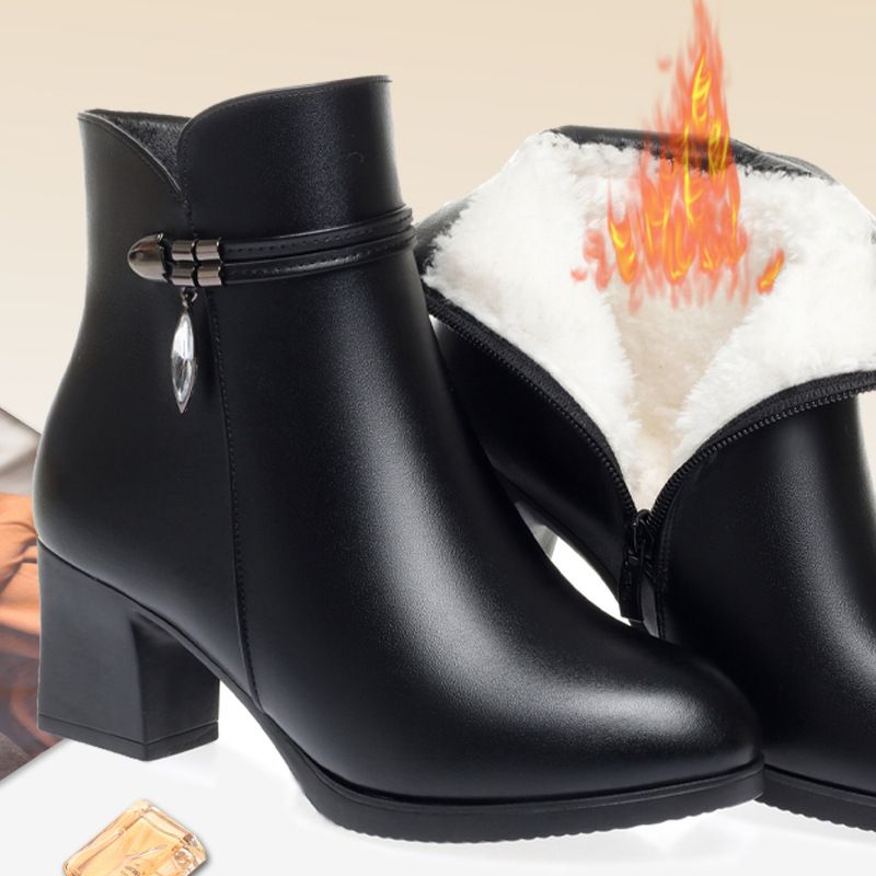 中年时尚秋冬季短靴女粗跟靴子软皮保暖中跟皮鞋中年妈妈棉鞋