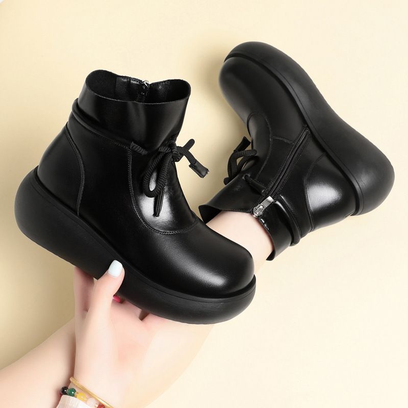 秋冬新款复古厚底软皮马丁靴系带轻便短靴子保暖女鞋舒适棉鞋